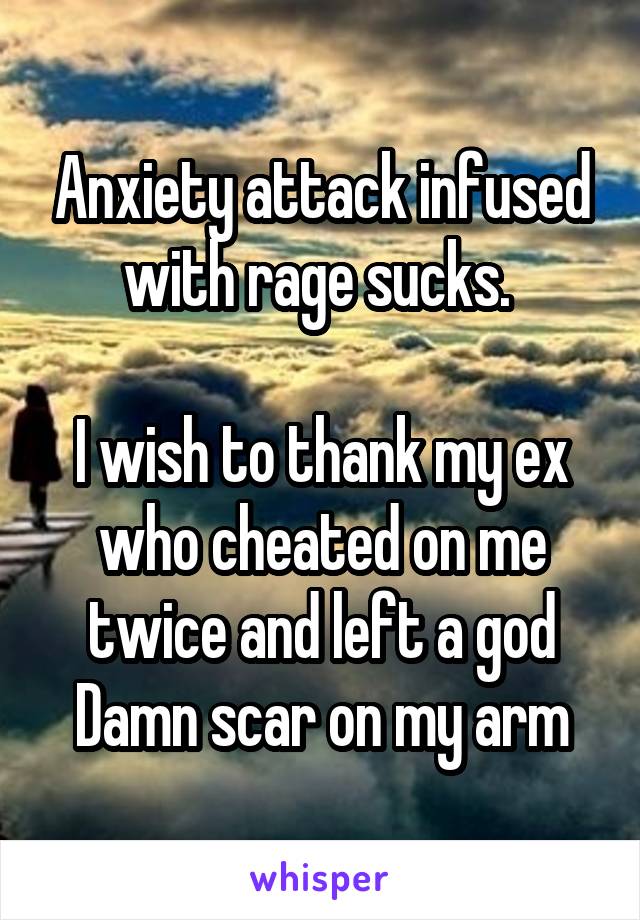 Anxiety attack infused with rage sucks. 

I wish to thank my ex who cheated on me twice and left a god Damn scar on my arm