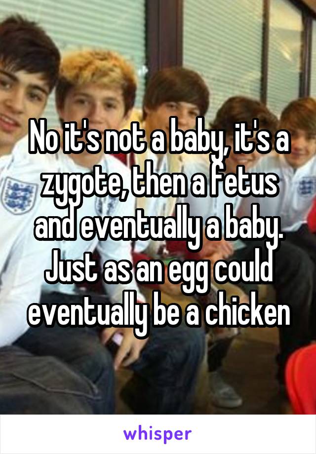 No it's not a baby, it's a zygote, then a fetus and eventually a baby. Just as an egg could eventually be a chicken