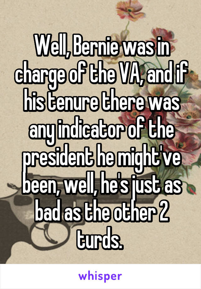 Well, Bernie was in charge of the VA, and if his tenure there was any indicator of the president he might've been, well, he's just as bad as the other 2 turds. 