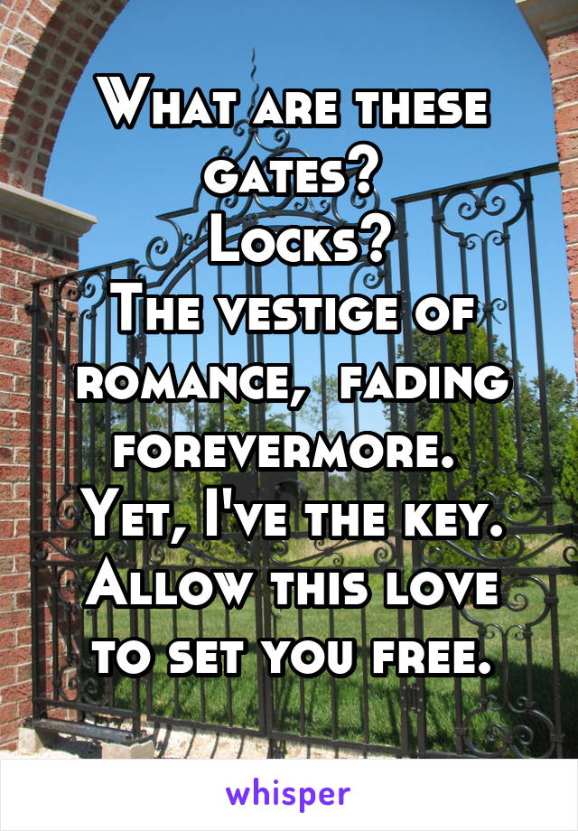 What are these gates?
 Locks?
The vestige of romance,  fading forevermore. 
Yet, I've the key.
Allow this love to set you free.
