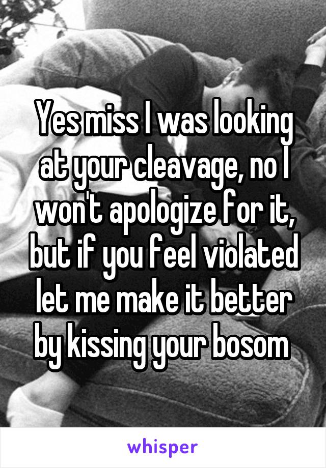 Yes miss I was looking at your cleavage, no I won't apologize for it, but if you feel violated let me make it better by kissing your bosom 