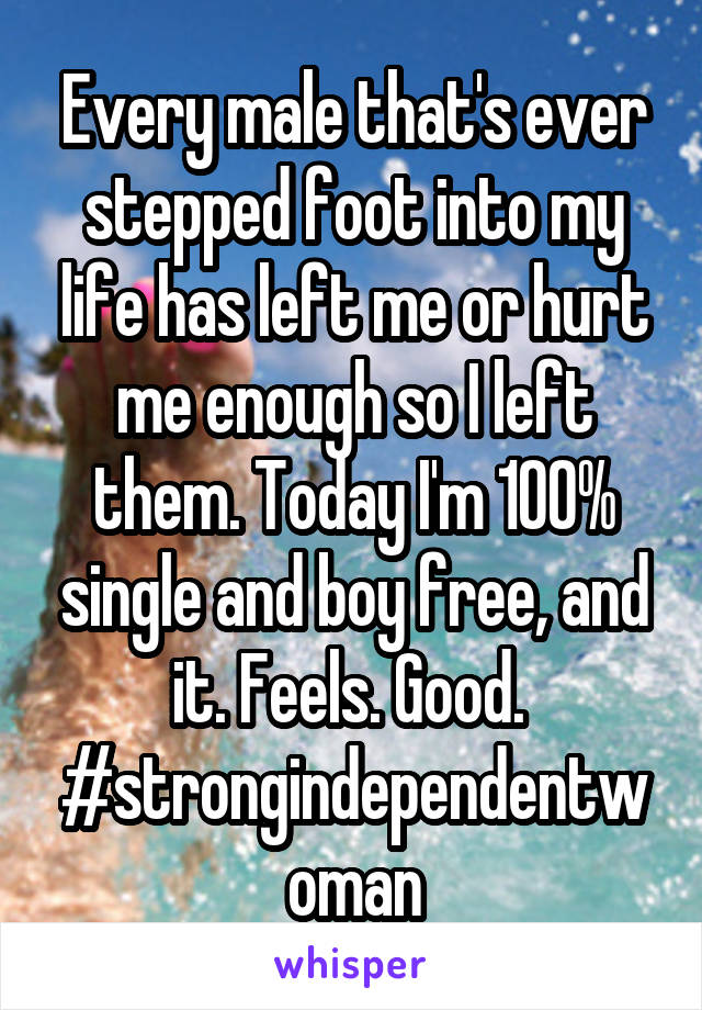 Every male that's ever stepped foot into my life has left me or hurt me enough so I left them. Today I'm 100% single and boy free, and it. Feels. Good. 
#strongindependentwoman