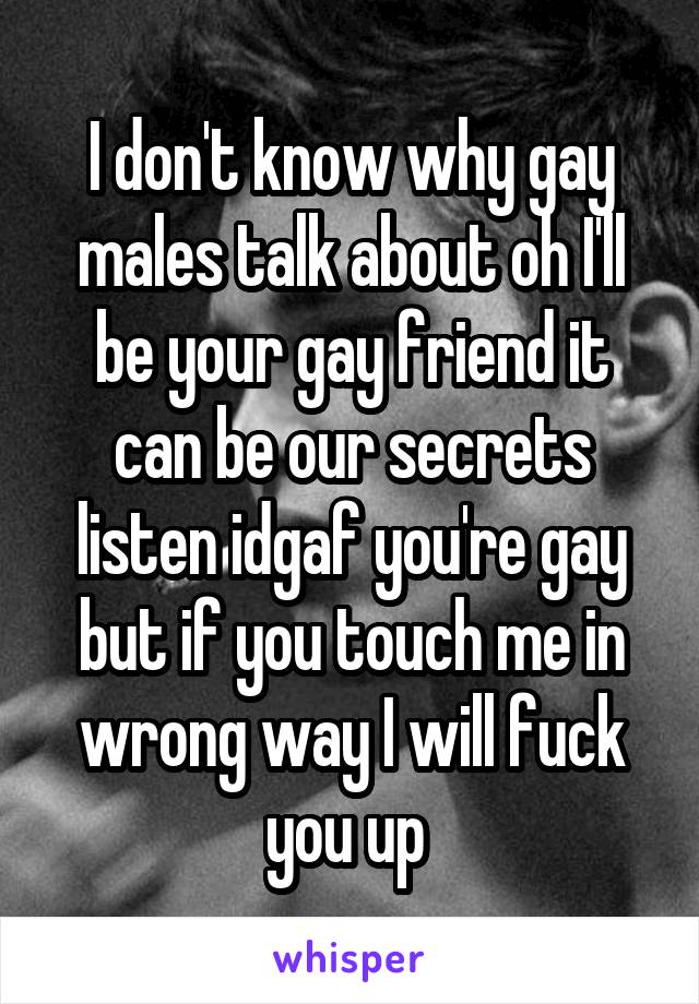 I don't know why gay males talk about oh I'll be your gay friend it can be our secrets listen idgaf you're gay but if you touch me in wrong way I will fuck you up 