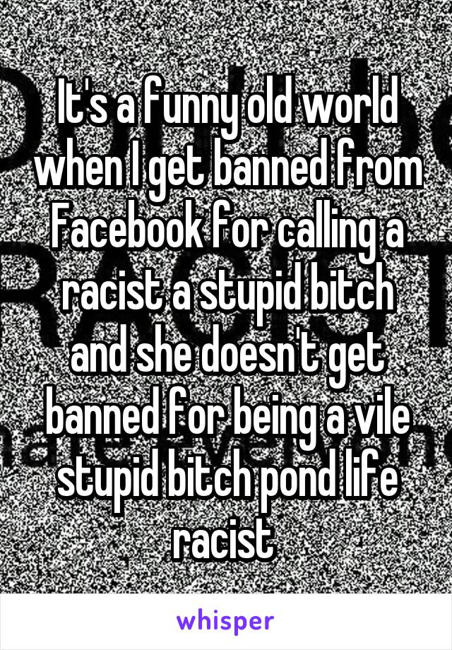 It's a funny old world when I get banned from Facebook for calling a racist a stupid bitch and she doesn't get banned for being a vile stupid bitch pond life racist 