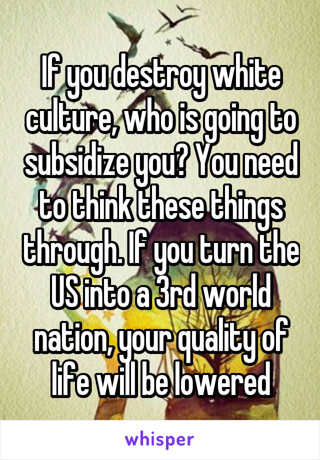 If you destroy white culture, who is going to subsidize you? You need to think these things through. If you turn the US into a 3rd world nation, your quality of life will be lowered