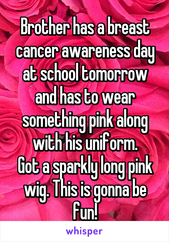 Brother has a breast cancer awareness day at school tomorrow and has to wear something pink along with his uniform.
Got a sparkly long pink wig. This is gonna be fun!