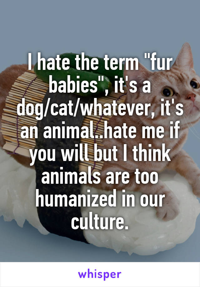 I hate the term "fur babies", it's a dog/cat/whatever, it's an animal..hate me if you will but I think animals are too humanized in our culture.