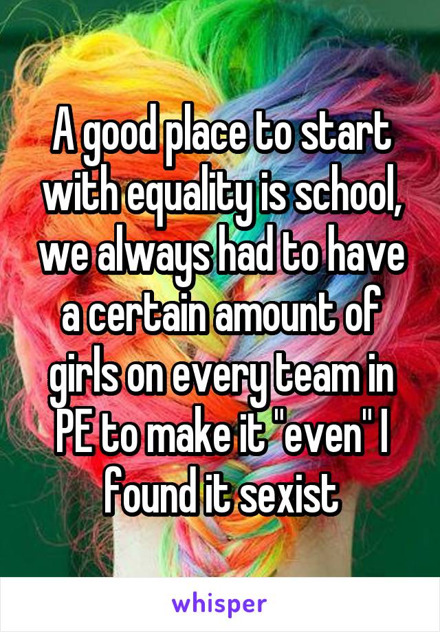 A good place to start with equality is school, we always had to have a certain amount of girls on every team in PE to make it "even" I found it sexist