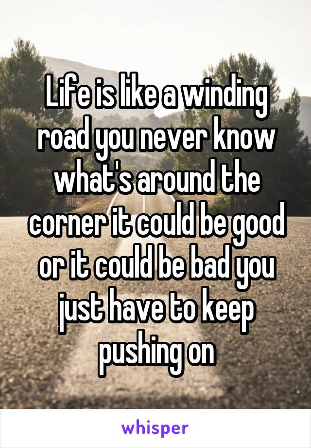 Life is like a winding road you never know what's around the corner it could be good or it could be bad you just have to keep pushing on