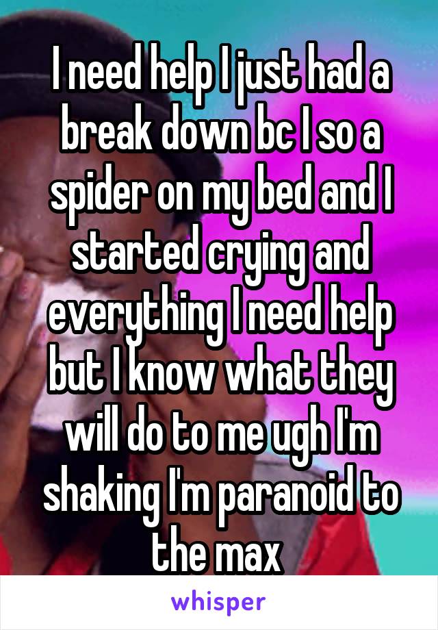 I need help I just had a break down bc I so a spider on my bed and I started crying and everything I need help but I know what they will do to me ugh I'm shaking I'm paranoid to the max 