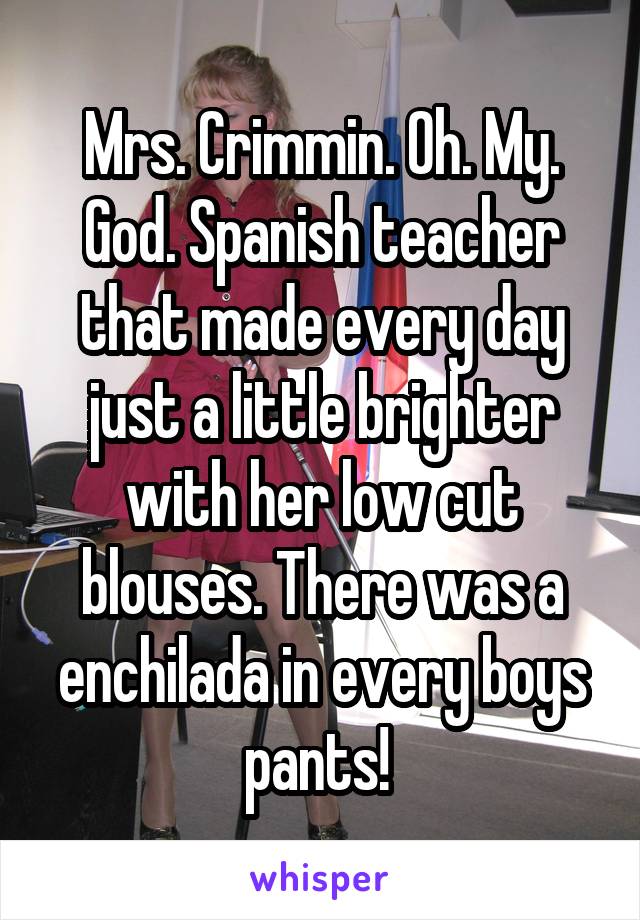 Mrs. Crimmin. Oh. My. God. Spanish teacher that made every day just a little brighter with her low cut blouses. There was a enchilada in every boys pants! 