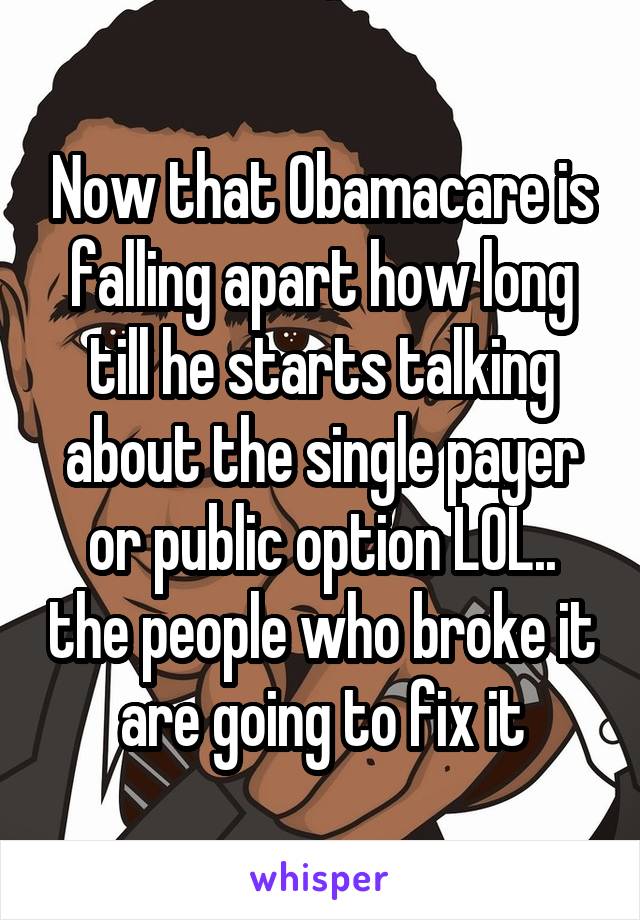 Now that Obamacare is falling apart how long till he starts talking about the single payer or public option LOL.. the people who broke it are going to fix it