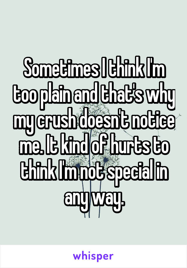 Sometimes I think I'm too plain and that's why my crush doesn't notice me. It kind of hurts to think I'm not special in any way.