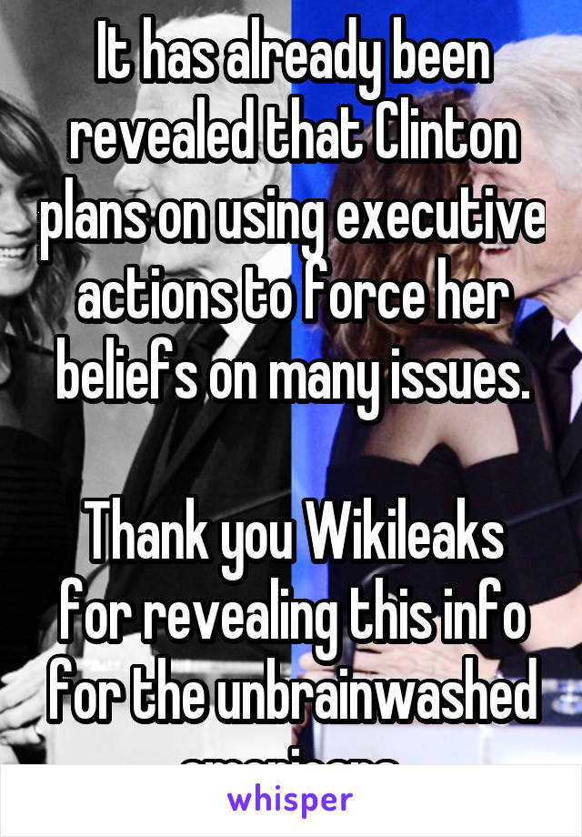 It has already been revealed that Clinton plans on using executive actions to force her beliefs on many issues.

Thank you Wikileaks for revealing this info for the unbrainwashed americans.