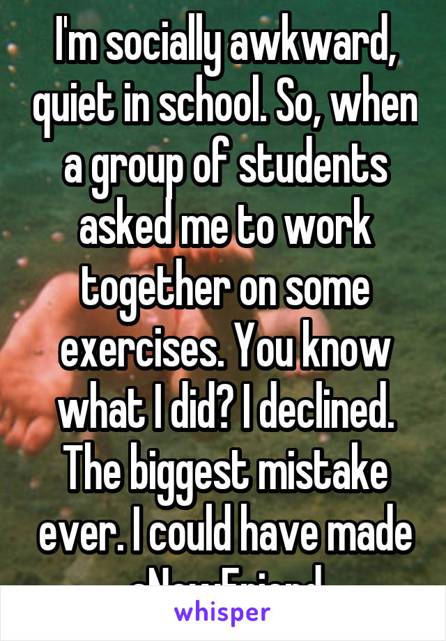 I'm socially awkward, quiet in school. So, when a group of students asked me to work together on some exercises. You know what I did? I declined. The biggest mistake ever. I could have made aNewFriend