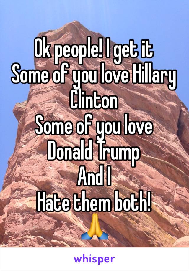 Ok people! I get it
Some of you love Hillary Clinton
Some of you love 
Donald Trump
And I 
Hate them both!
🙏