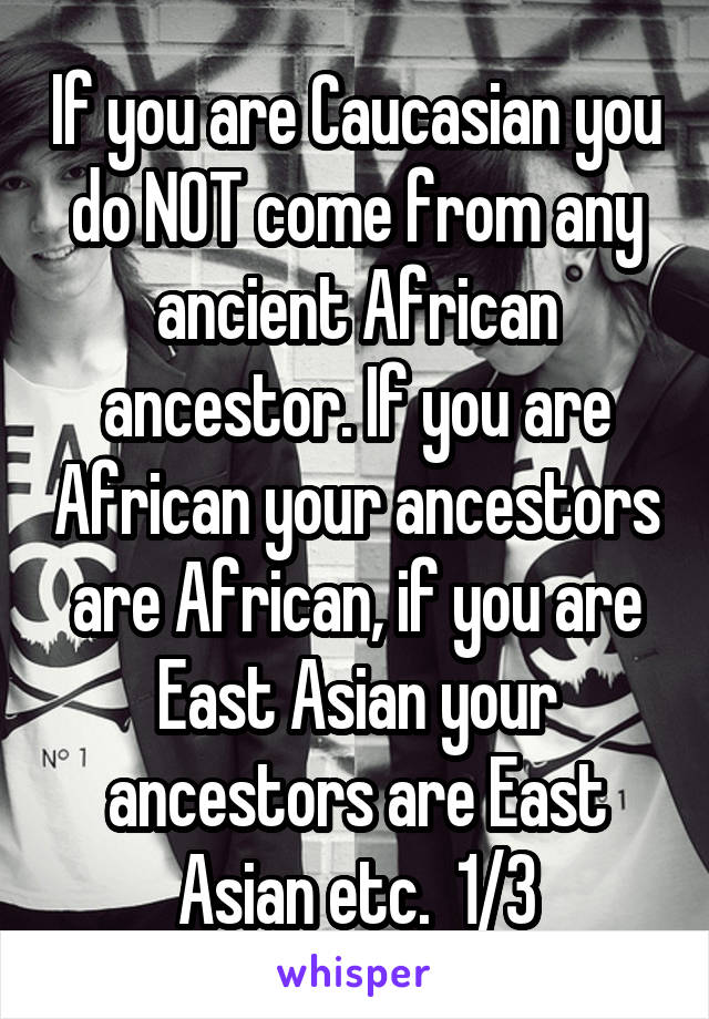 If you are Caucasian you do NOT come from any ancient African ancestor. If you are African your ancestors are African, if you are East Asian your ancestors are East Asian etc.  1/3