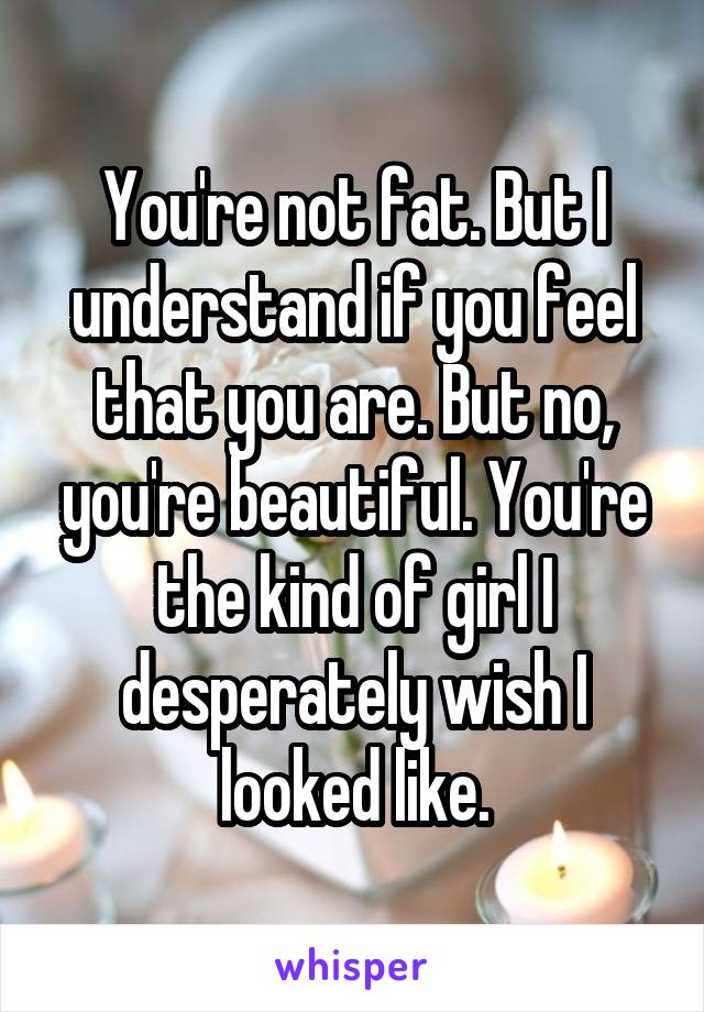 You're not fat. But I understand if you feel that you are. But no, you're beautiful. You're the kind of girl I desperately wish I looked like.