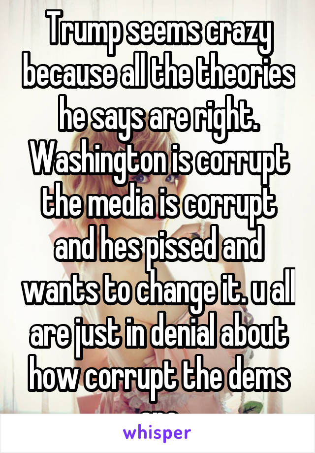 Trump seems crazy because all the theories he says are right. Washington is corrupt the media is corrupt and hes pissed and wants to change it. u all are just in denial about how corrupt the dems are