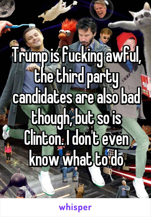 Trump is fucking awful, the third party candidates are also bad though, but so is Clinton. I don't even know what to do