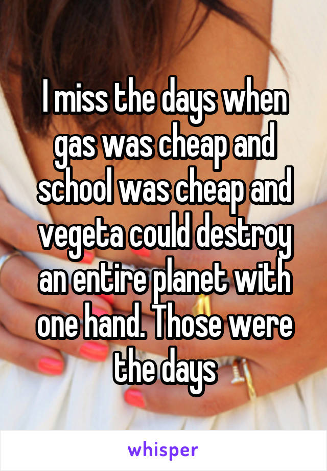 I miss the days when gas was cheap and school was cheap and vegeta could destroy an entire planet with one hand. Those were the days
