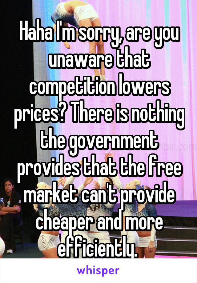 Haha I'm sorry, are you unaware that competition lowers prices? There is nothing the government provides that the free market can't provide cheaper and more efficiently. 