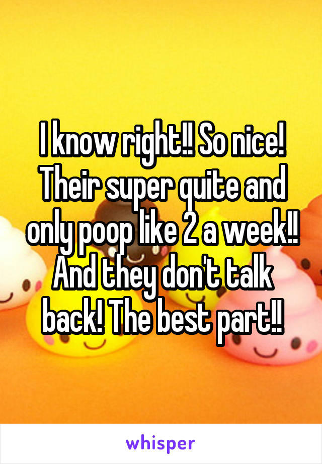 I know right!! So nice! Their super quite and only poop like 2 a week!! And they don't talk back! The best part!!