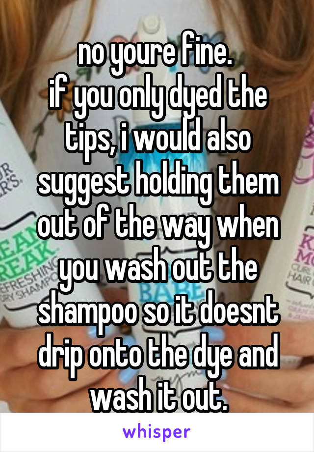 no youre fine. 
if you only dyed the tips, i would also suggest holding them out of the way when you wash out the shampoo so it doesnt drip onto the dye and wash it out.
