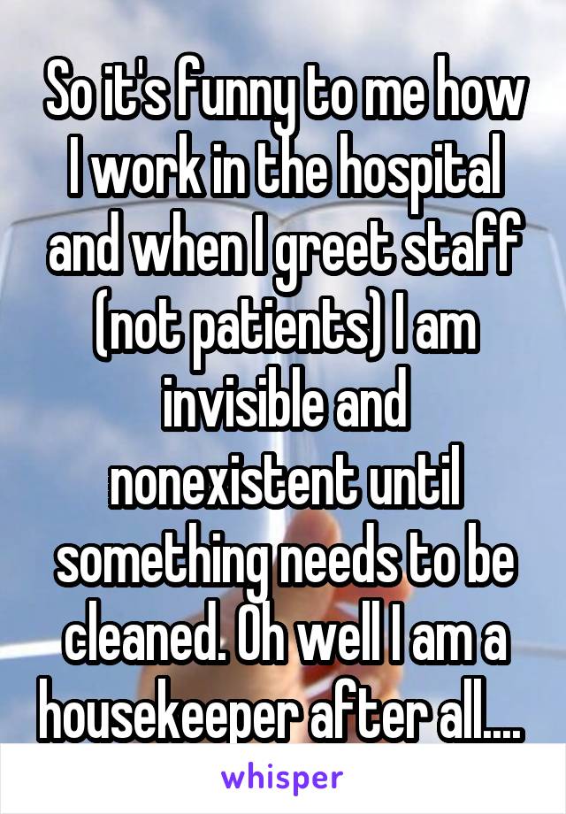 So it's funny to me how I work in the hospital and when I greet staff (not patients) I am invisible and nonexistent until something needs to be cleaned. Oh well I am a housekeeper after all.... 