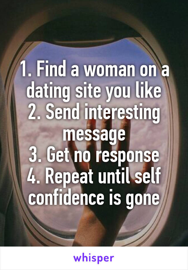 1. Find a woman on a dating site you like
2. Send interesting message
3. Get no response
4. Repeat until self confidence is gone