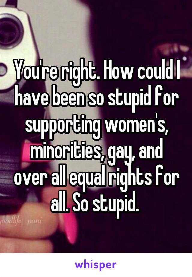 You're right. How could I have been so stupid for supporting women's, minorities, gay, and over all equal rights for all. So stupid. 