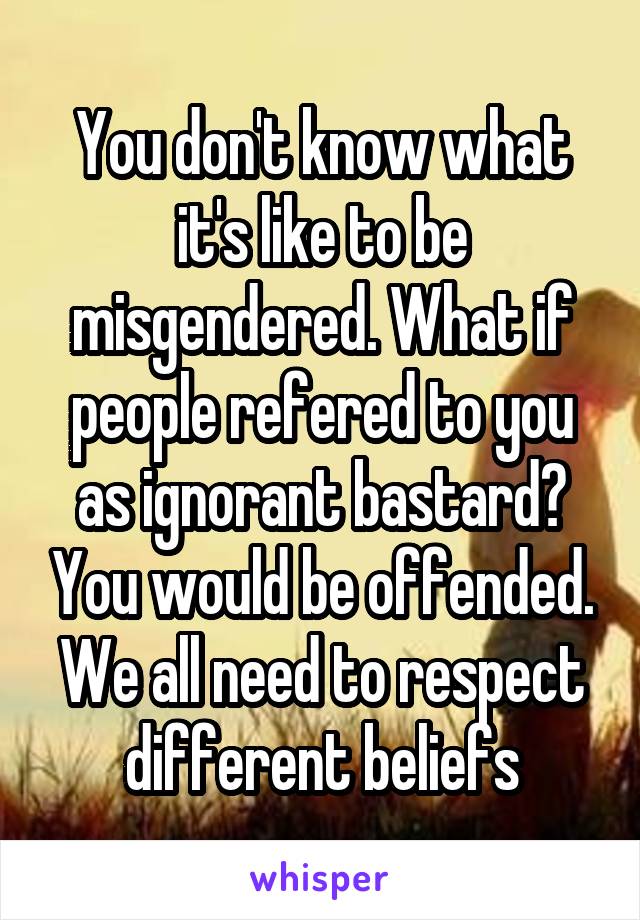 You don't know what it's like to be misgendered. What if people refered to you as ignorant bastard? You would be offended. We all need to respect different beliefs