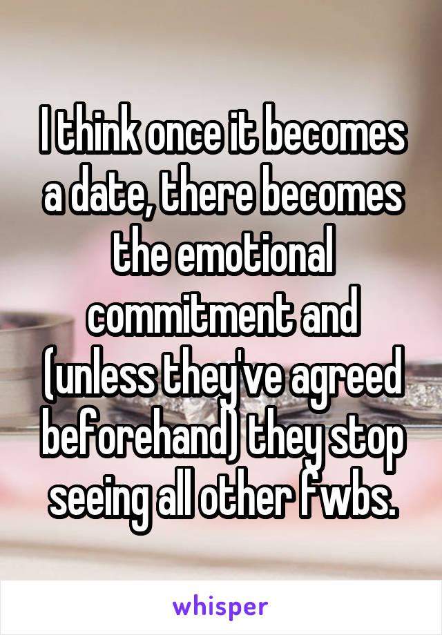 I think once it becomes a date, there becomes the emotional commitment and (unless they've agreed beforehand) they stop seeing all other fwbs.
