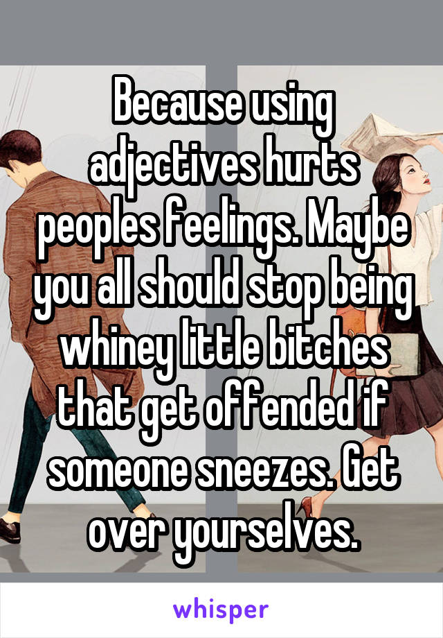 Because using adjectives hurts peoples feelings. Maybe you all should stop being whiney little bitches that get offended if someone sneezes. Get over yourselves.