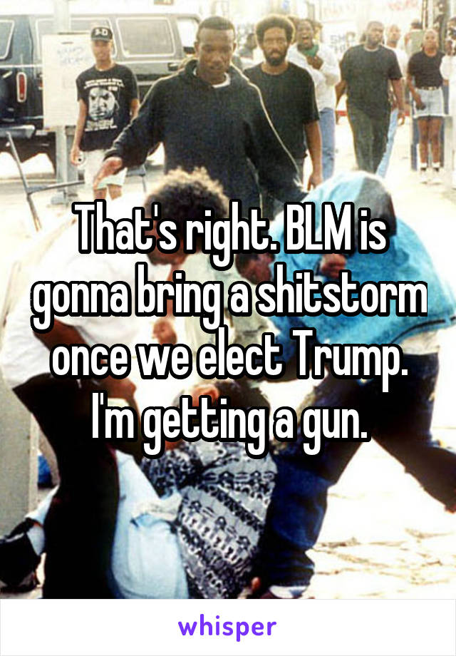 That's right. BLM is gonna bring a shitstorm once we elect Trump. I'm getting a gun.
