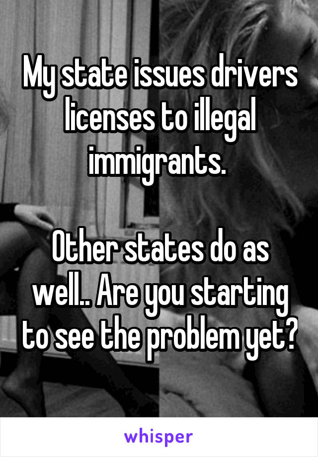 My state issues drivers licenses to illegal immigrants. 

Other states do as well.. Are you starting to see the problem yet? 