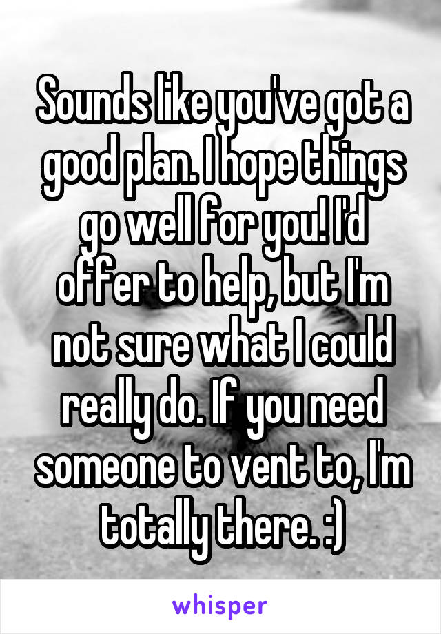 Sounds like you've got a good plan. I hope things go well for you! I'd offer to help, but I'm not sure what I could really do. If you need someone to vent to, I'm totally there. :)