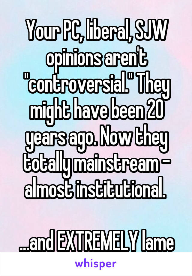 Your PC, liberal, SJW opinions aren't "controversial." They might have been 20 years ago. Now they totally mainstream - almost institutional. 

...and EXTREMELY lame