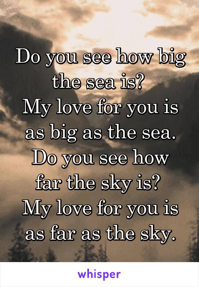 Do you see how big the sea is? 
My love for you is as big as the sea.
Do you see how far the sky is? 
My love for you is as far as the sky.