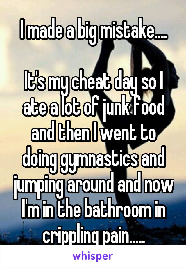 I made a big mistake....

It's my cheat day so I ate a lot of junk food and then I went to doing gymnastics and jumping around and now I'm in the bathroom in crippling pain.....