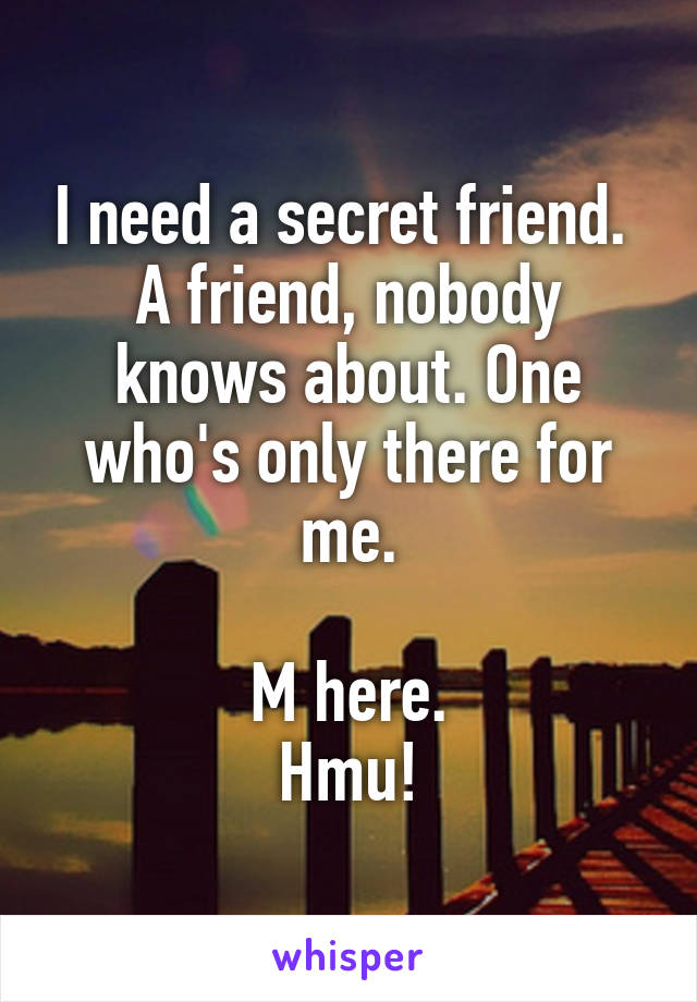 I need a secret friend. 
A friend, nobody knows about. One who's only there for me.

M here.
Hmu!