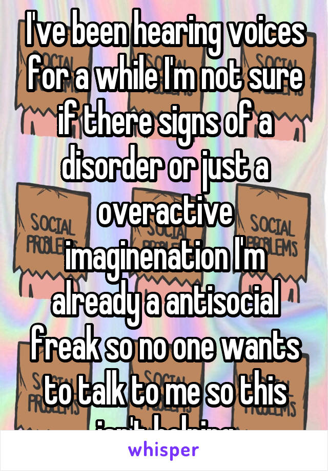 I've been hearing voices for a while I'm not sure if there signs of a disorder or just a overactive imaginenation I'm already a antisocial freak so no one wants to talk to me so this isn't helping