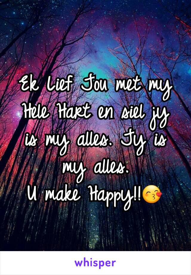 Ek Lief Jou met my Hele Hart en siel jy is my alles. Jy is my alles.
U make Happy!!😙