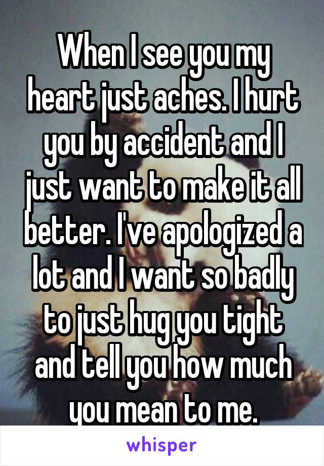 When I see you my heart just aches. I hurt you by accident and I just want to make it all better. I've apologized a lot and I want so badly to just hug you tight and tell you how much you mean to me.