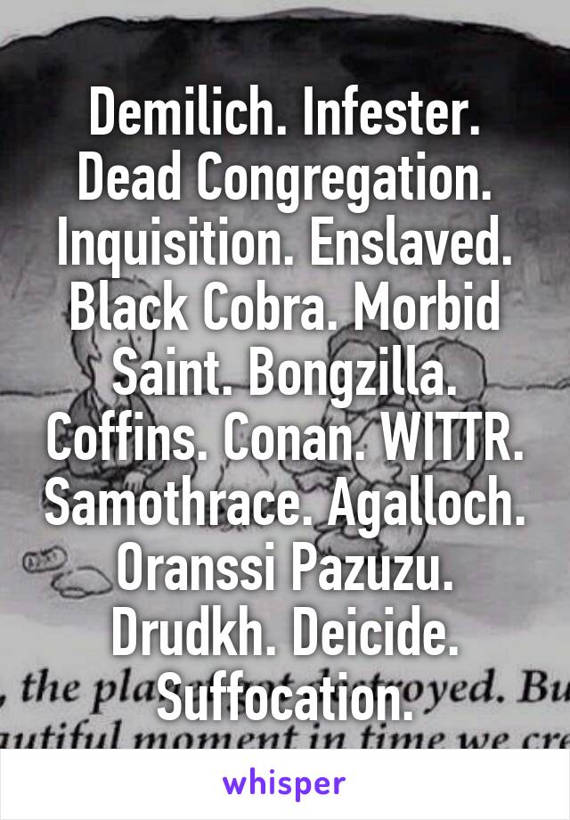 Demilich. Infester. Dead Congregation. Inquisition. Enslaved. Black Cobra. Morbid Saint. Bongzilla. Coffins. Conan. WITTR. Samothrace. Agalloch. Oranssi Pazuzu. Drudkh. Deicide. Suffocation.