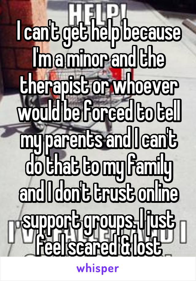 I can't get help because I'm a minor and the therapist or whoever would be forced to tell my parents and I can't do that to my family and I don't trust online support groups. I just feel scared & lost