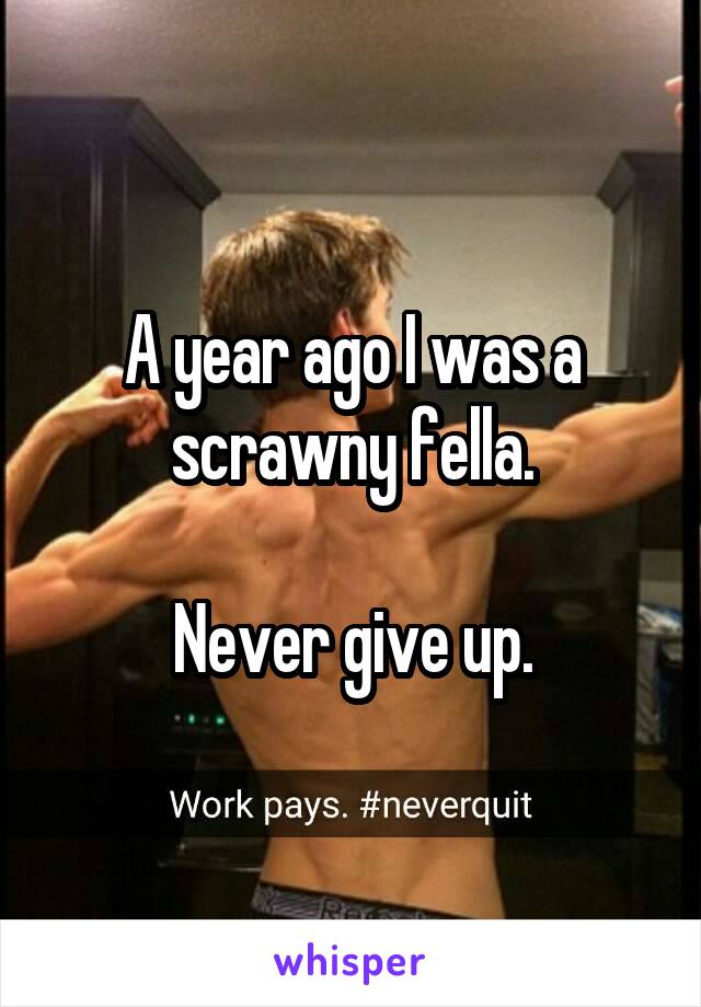 A year ago I was a scrawny fella.

Never give up.