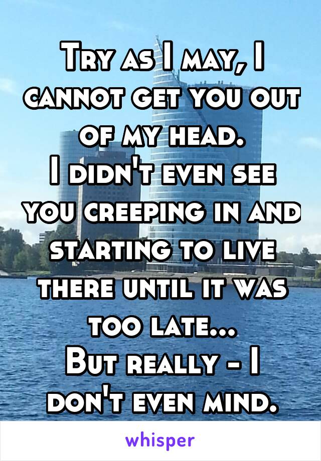 Try as I may, I cannot get you out of my head.
I didn't even see you creeping in and starting to live there until it was too late...
But really - I don't even mind.