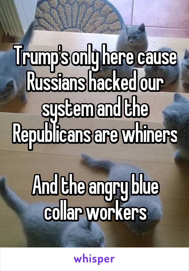 Trump's only here cause Russians hacked our system and the Republicans are whiners 
And the angry blue collar workers