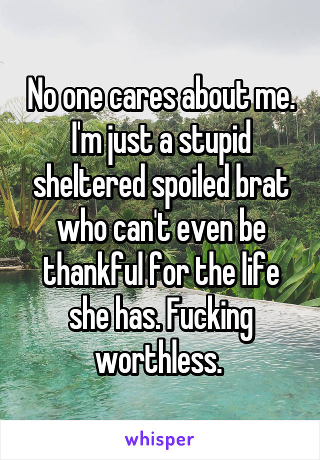 No one cares about me. I'm just a stupid sheltered spoiled brat who can't even be thankful for the life she has. Fucking worthless. 